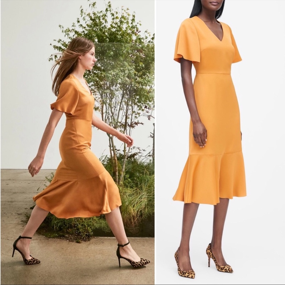Banana Republic Satin Yellow Flutter Sleeve Flounce Hem Midi Dress